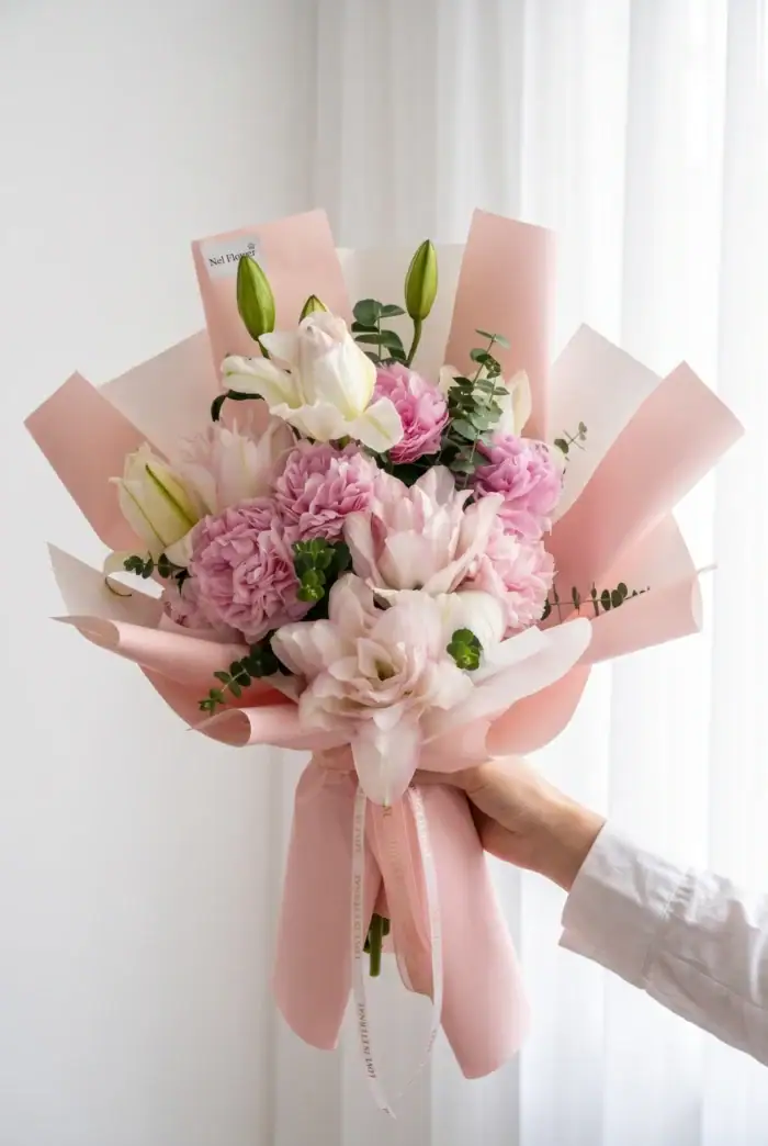 دسته گل لی‌لی رز  و پیونی کد 2047 - Image 1